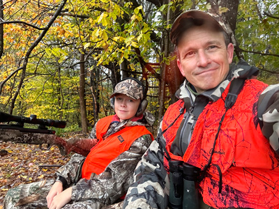 Alden and his son, Alden Hopkins, in the Norwich woods on Youth Hunting Weekend