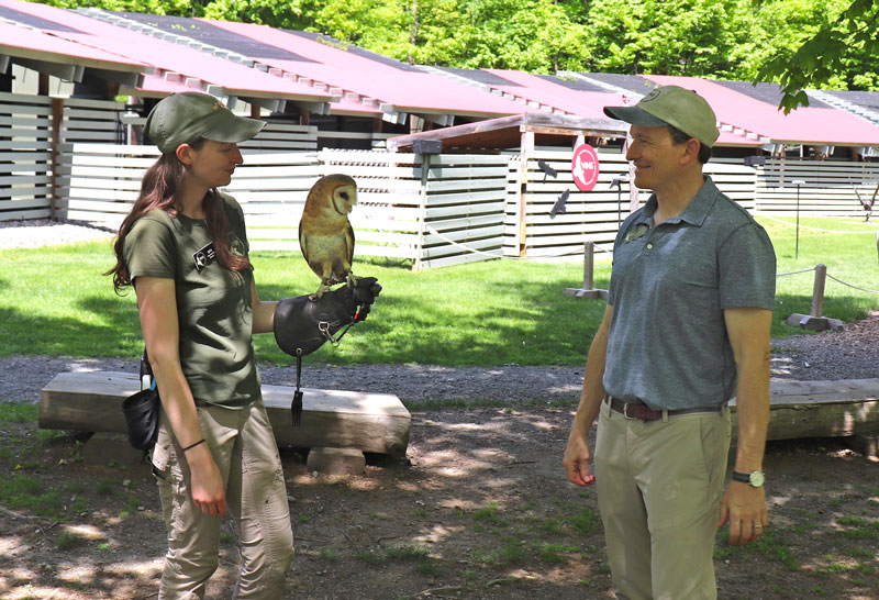 VINS executive director Alden Smith admires a barn owl perched on the arm of a handler.